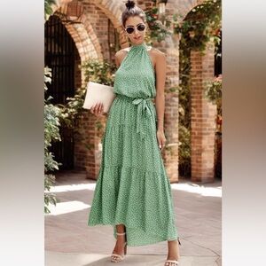 Pretty Garden Sea Green Polka Dot Halter Maxi  Dress 2XL